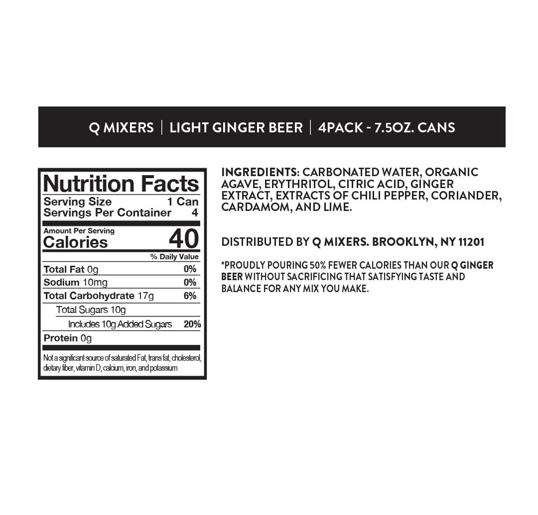 Q LIGHT GINGER BEER with Real Ginger & Organic Agave — Less Sweet, More Fizz | 40 Calories per Can | 7.5 Fl oz (Pack of 24)