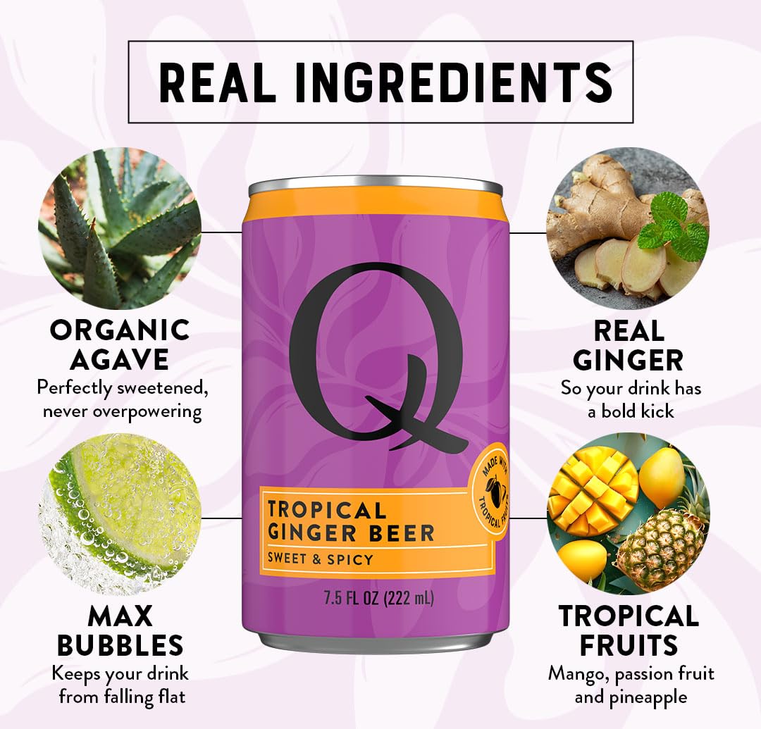 Q TropiCAL Ginger Beer with Real Ginger, Tropical Fruits & Organic Agave — 90 Calories per Can | 7.5 Fl Oz (Pack of 24)