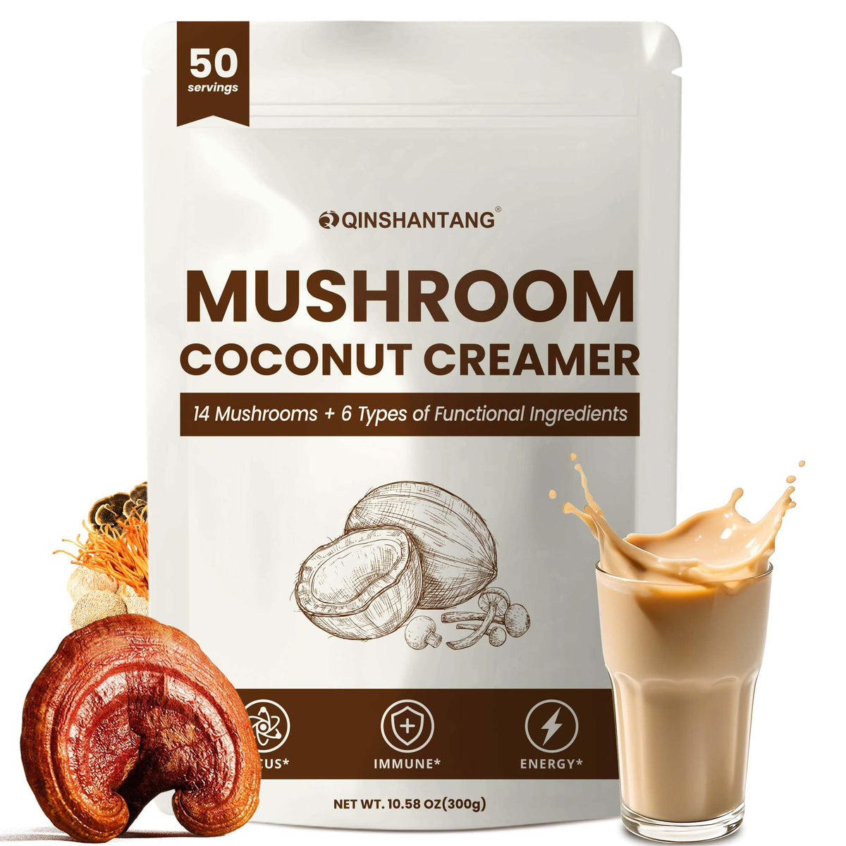 QIN SHAN TANG Mushroom Coffee Creamer – 50 Servings, 20-in-1 Superfood with 14 Mushrooms + Ashwagandha & Alpha-GPC