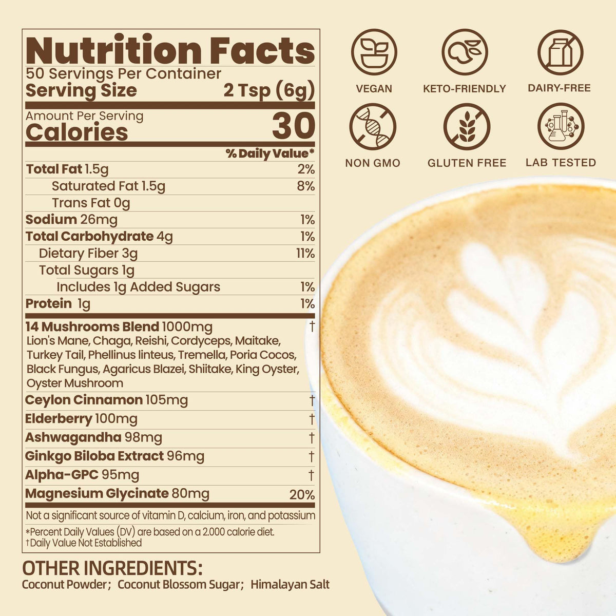 QIN SHAN TANG Mushroom Coffee Creamer – 50 Servings, 20-in-1 Superfood with 14 Mushrooms + Ashwagandha & Alpha-GPC