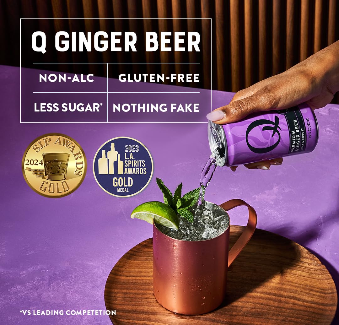 Q GINGER BEER with Real Ginger & Organic Agave — 80 Calories per 7.5oz Can (Pack of 24) | Ideal for Cocktails & Mocktails
