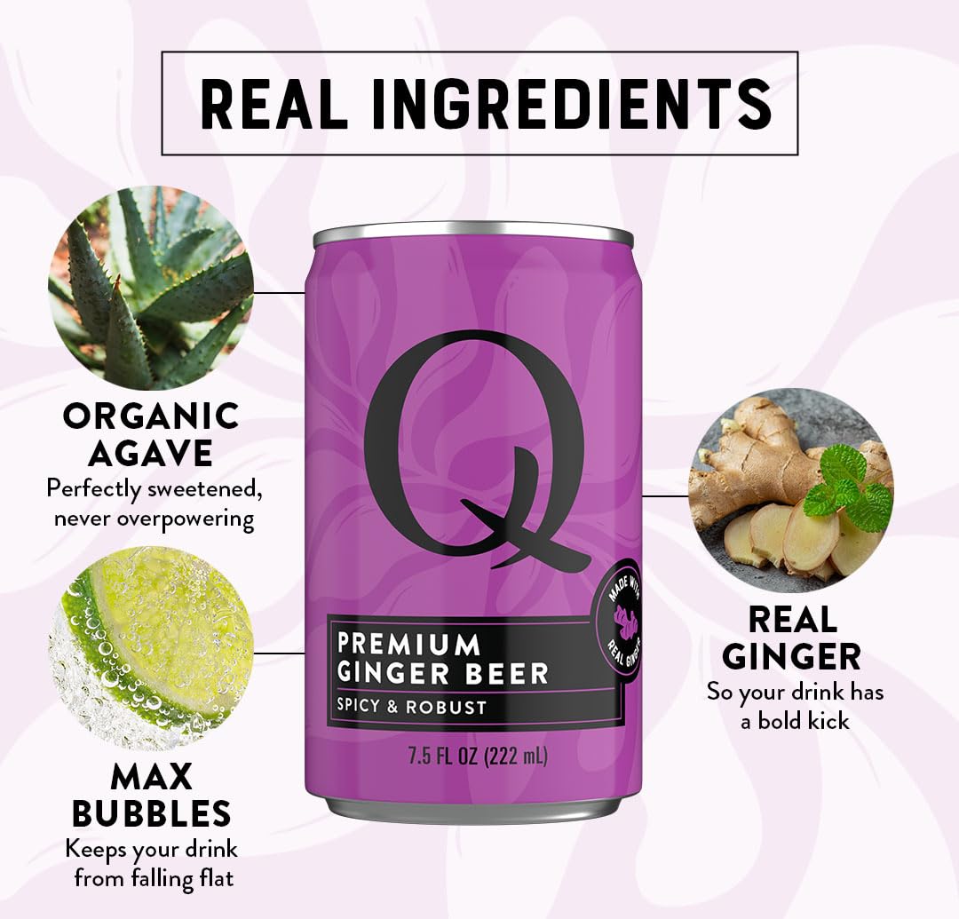 Q GINGER BEER with Real Ginger & Organic Agave — 80 Calories per 7.5oz Can (Pack of 24) | Ideal for Cocktails & Mocktails