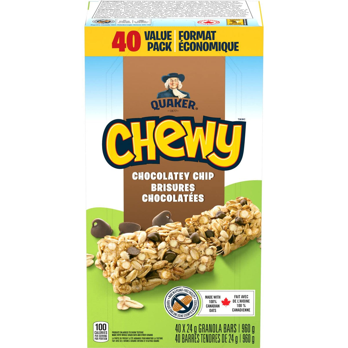 Quaker Chewy Chocolate Chip Granola Bars, 960 g / 33.9 oz (40 Count) Imported from Canada