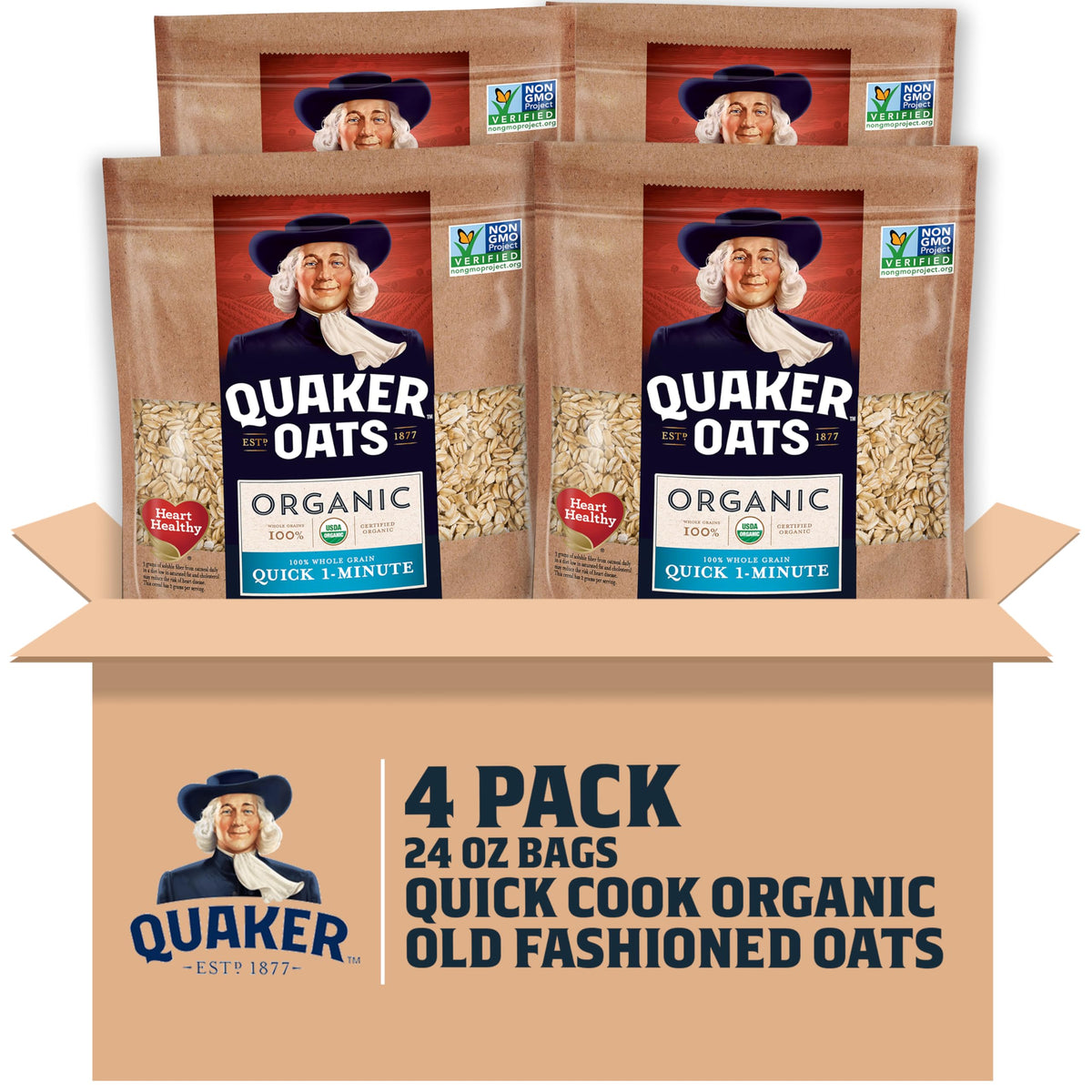 Quaker Organic Quick Cook Oatmeal – 24 oz x 4 Pack | Non-GMO & USDA Organic