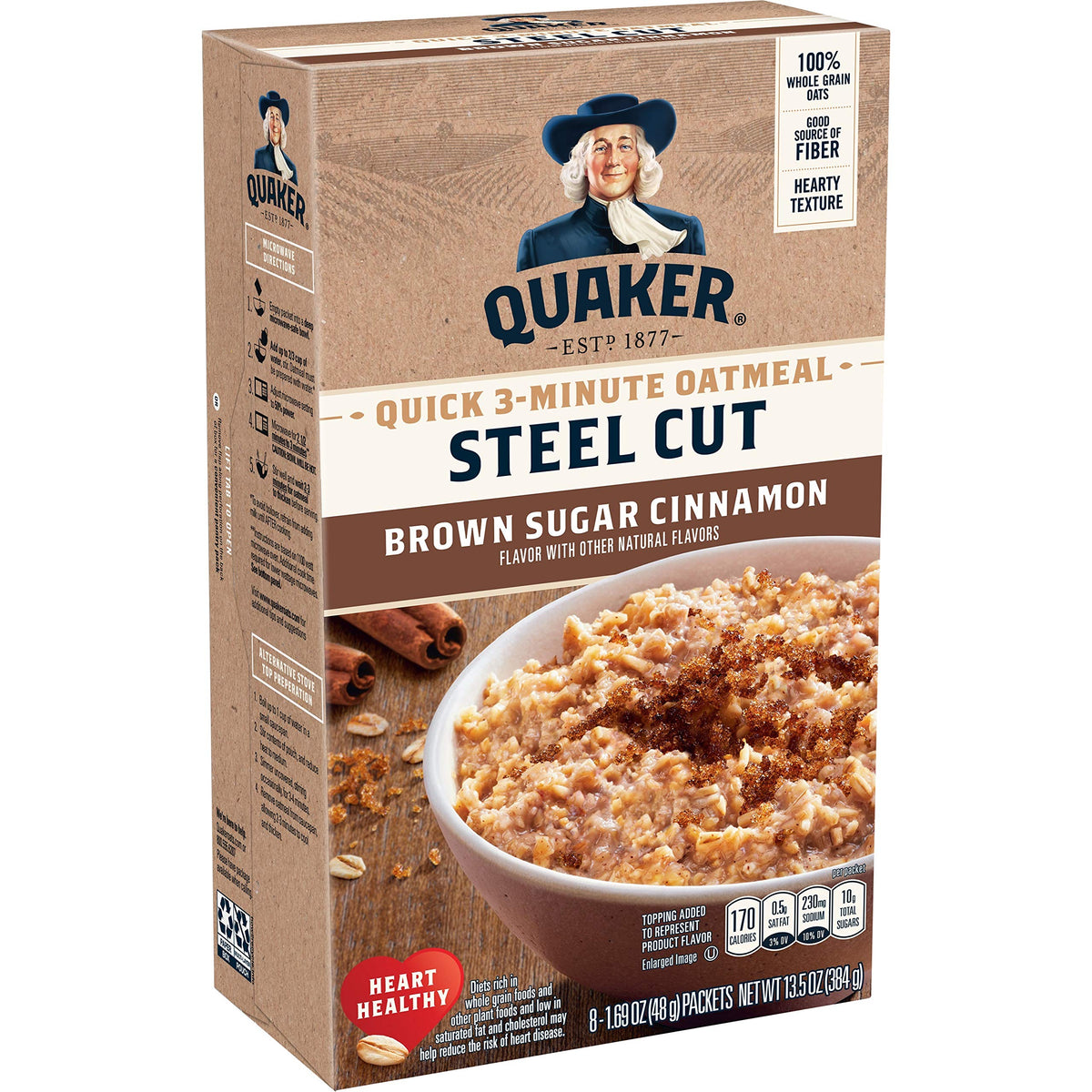 Quaker Steel Cut Quick Oatmeal, Brown Sugar & Cinnamon, 3-Minute Oats, 48 Servings (Six 8-Count Boxes)