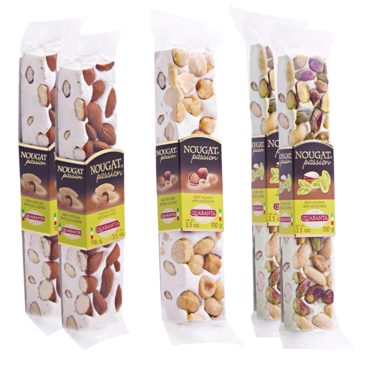 Quaranta Italian Nougat Traditional 5 Pack – Soft Torrone Bars with Pistachio, Almond & Hazelnut – Gluten-Free, GMO-Free, Palm Oil-Free