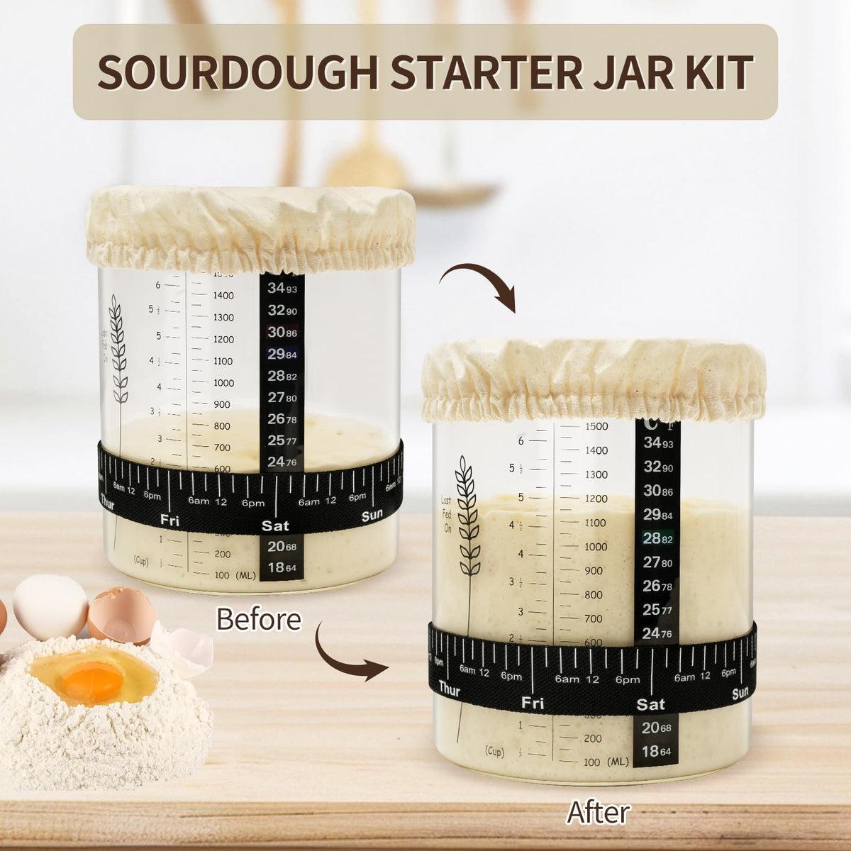 Rakovar 50oz Sourdough Starter Jar – Wide Mouth, 2-Pack Kit with Lid, Band, Date Tracker, and Thermometer