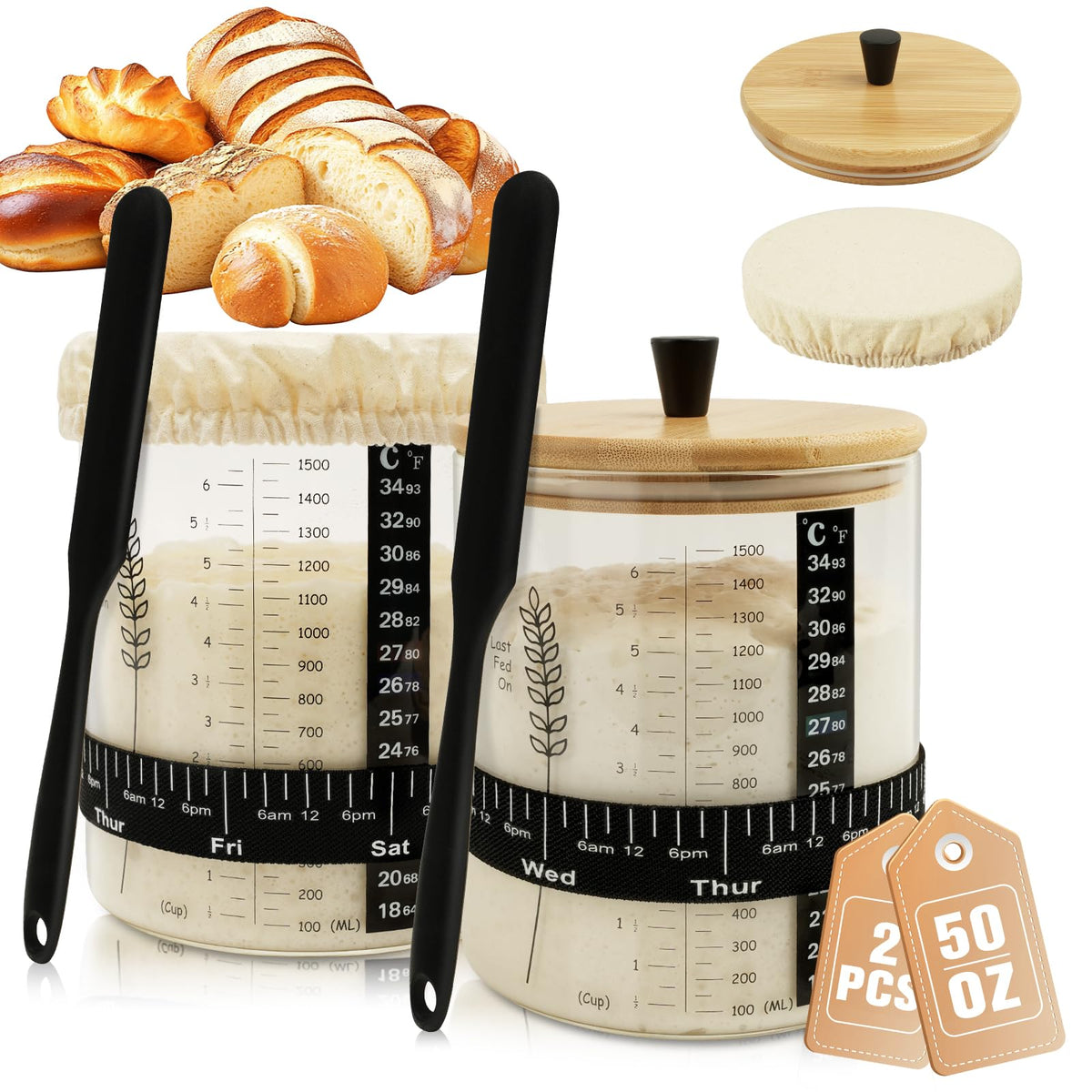 Rakovar 50oz Sourdough Starter Jar – Wide Mouth, 2-Pack Kit with Lid, Band, Date Tracker, and Thermometer