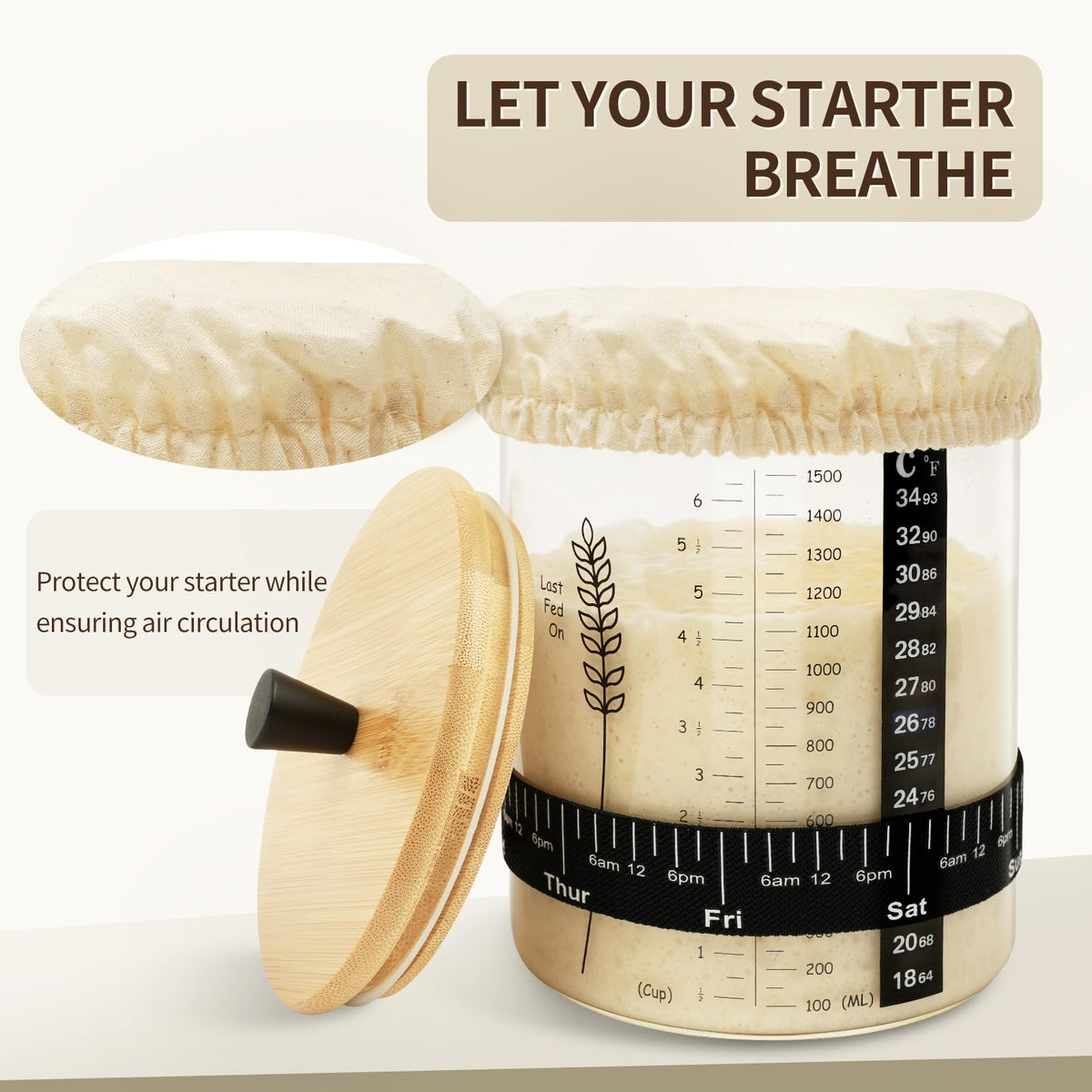 Rakovar 50oz Sourdough Starter Jar – Wide Mouth, 2-Pack Kit with Lid, Band, Date Tracker, and Thermometer