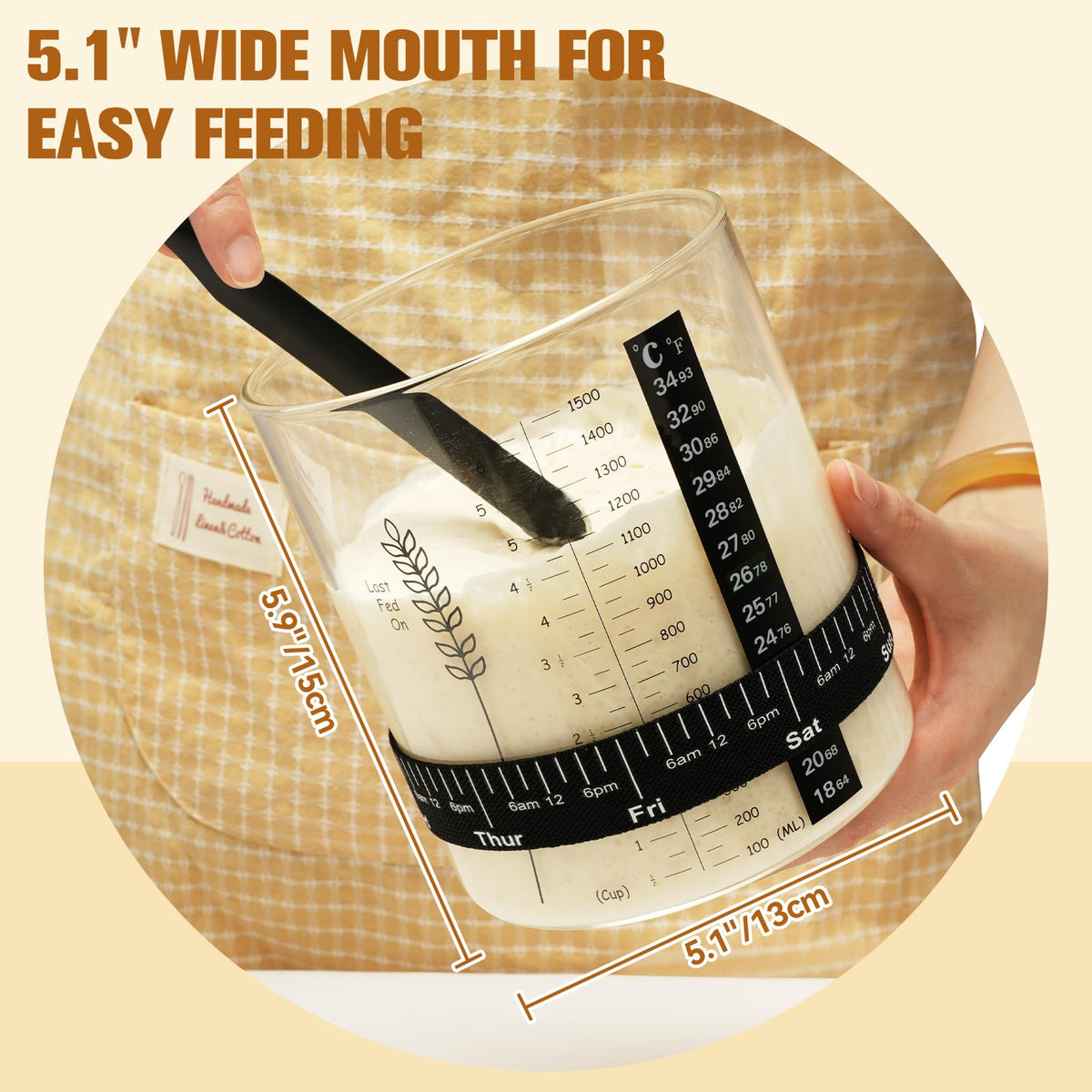 Rakovar 50oz Sourdough Starter Jar Kit | Wide-Mouth Glass Container for Sourdough Baking