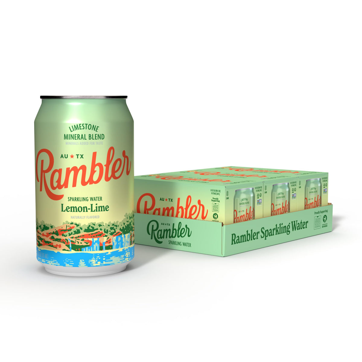 RAMBLER AUTX Sparkling Water – Lemon-Lime with Texas Limestone Mineral Blend | 24 Cans (Three 8-Packs)