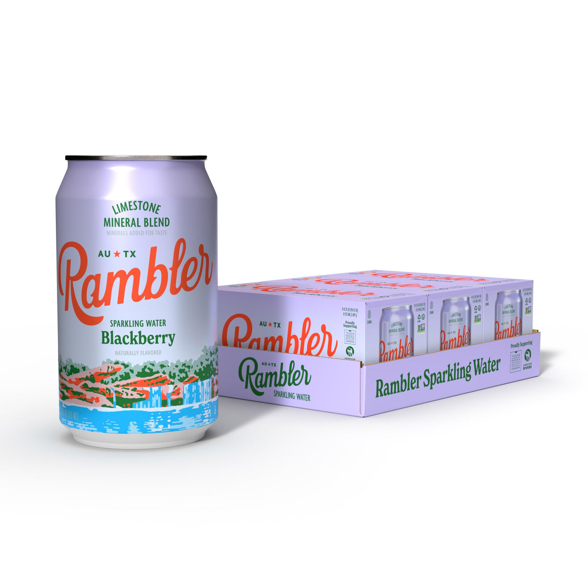 RAMBLER AUTX Blackberry Sparkling Water | Limestone Mineral Blend, 24 Cans (3x8)