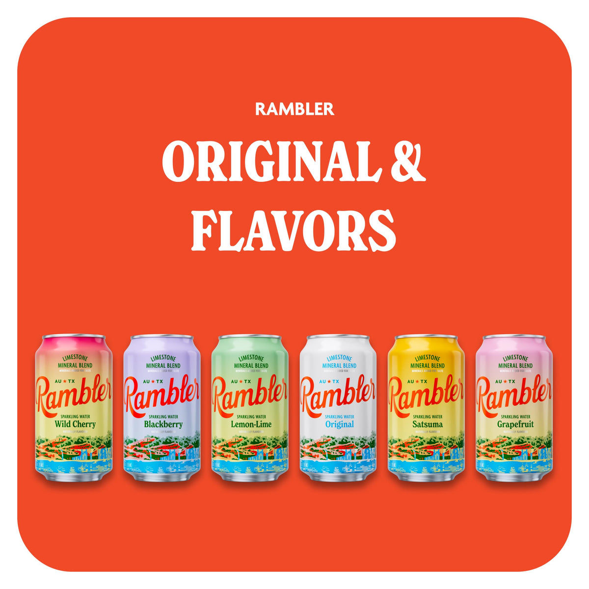 RAMBLER AUTX Sparkling Water Variety Pack – 24 Cans (12 oz each): Original, Lemon-Lime, Grapefruit with Texas Limestone Mineral Blend