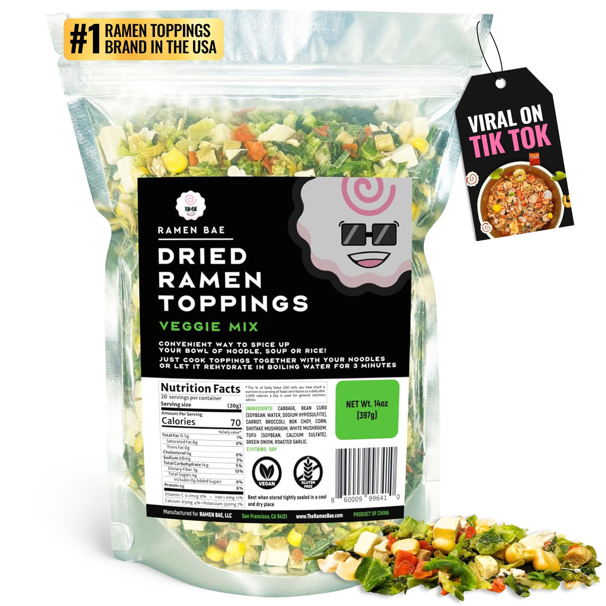 Ramen Bae Veggie Mix Dried Ramen Toppings – Low Fat, Low Sodium, 20 Servings