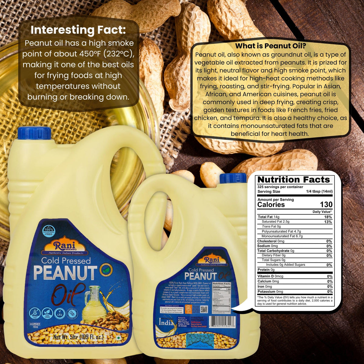 Rani Peanut Oil 5L | Cold Pressed, 100% Natural, Kosher, Vegan, Non-GMO