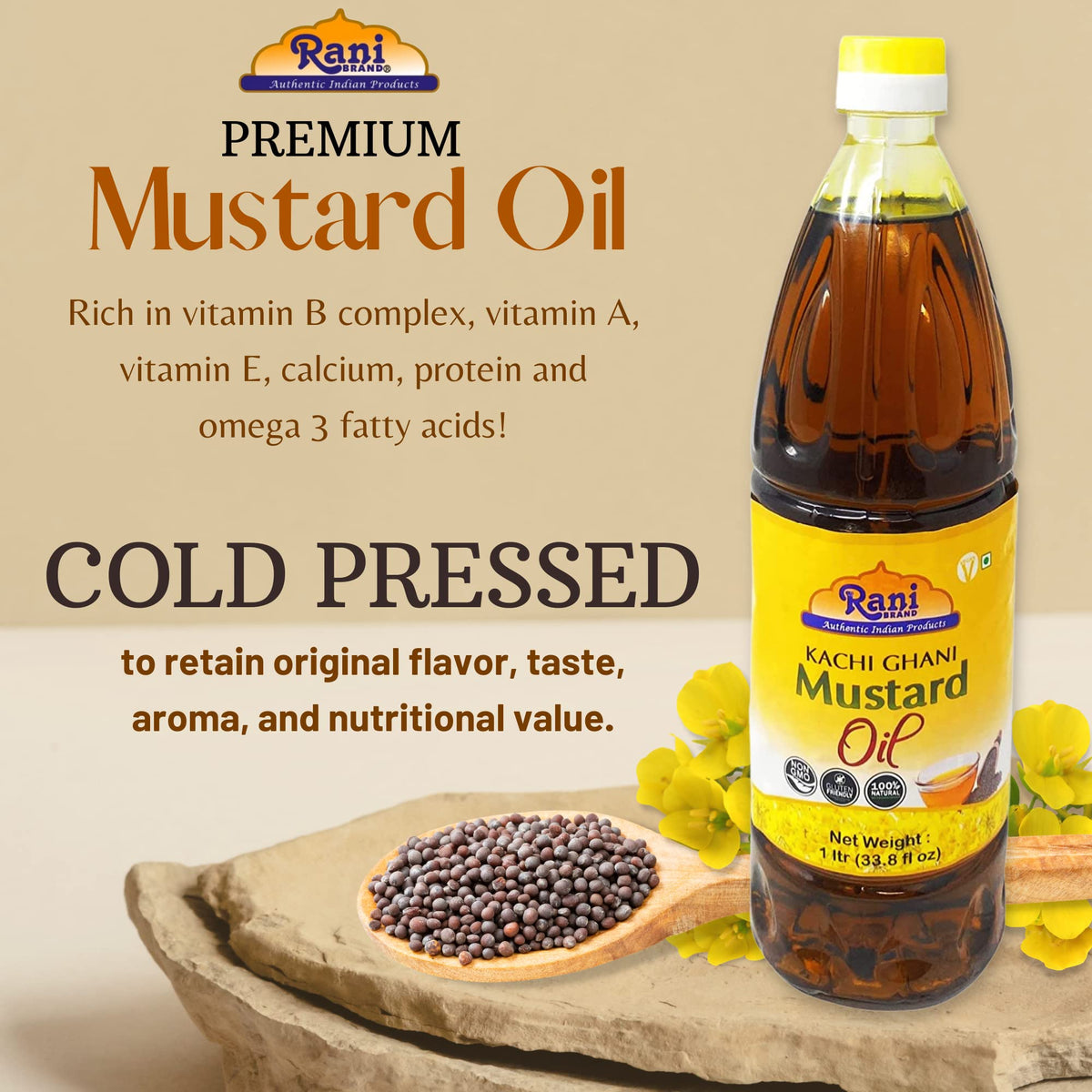 Rani Mustard Oil (Kachi Ghani) 2L – Pure, Non-GMO, Kosher, Gluten-Free & Vegan | 100% Natural