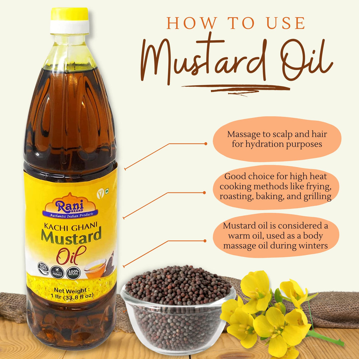 Rani Mustard Oil (Kachi Ghani) 2L – Pure, Non-GMO, Kosher, Gluten-Free & Vegan | 100% Natural