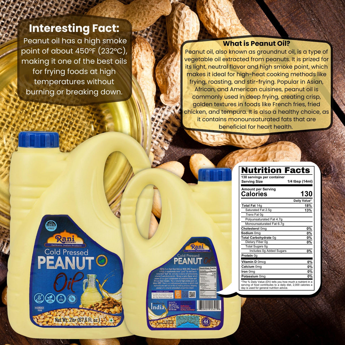 Rani Peanut Oil 67.6 oz Cold-Pressed | 100% Natural | NON-GMO | Kosher | Vegan | Gluten Free