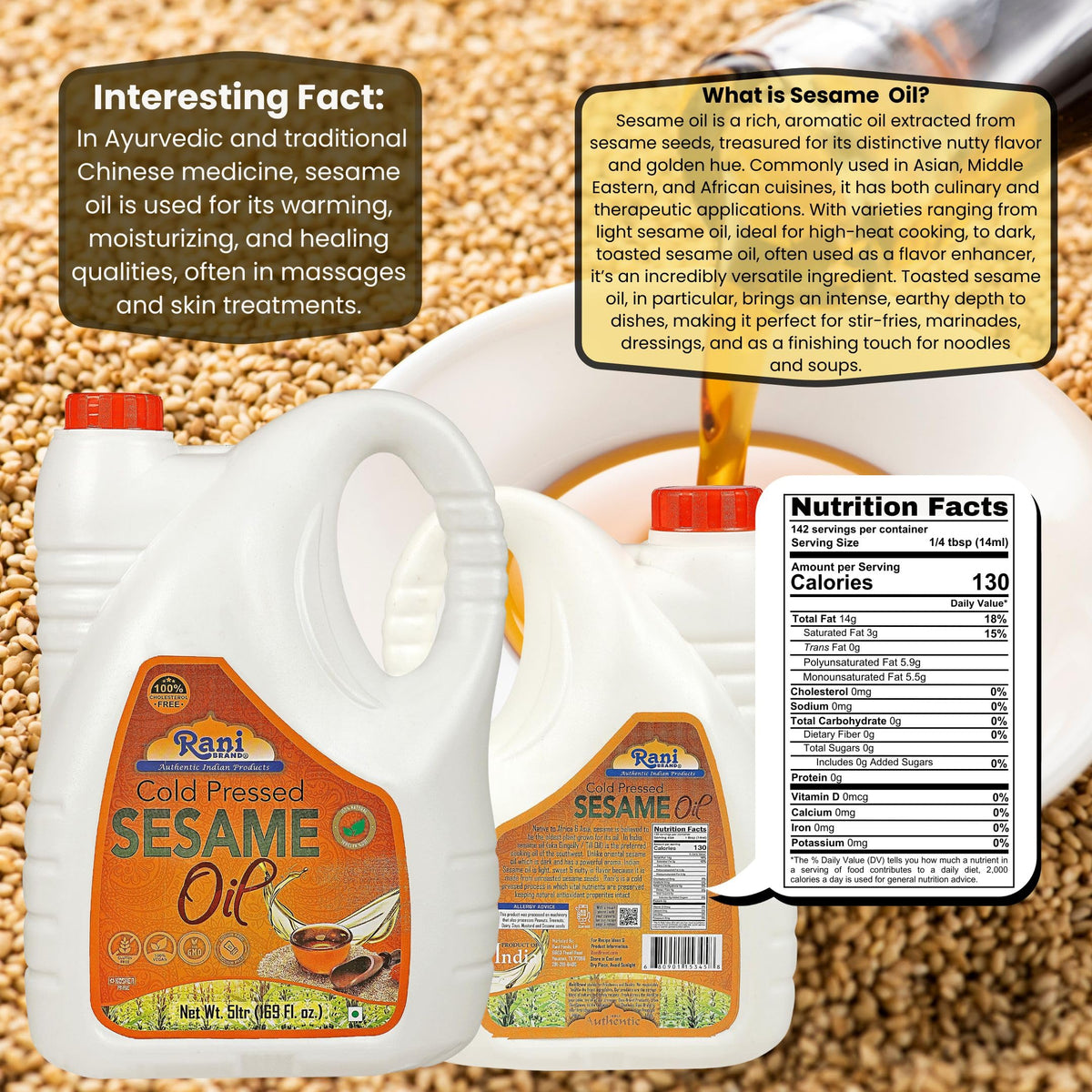Rani Sesame Oil 169 Ounce (5 Liter) Cold Pressed – 100% Natural, Non-GMO, Vegan, Gluten Free