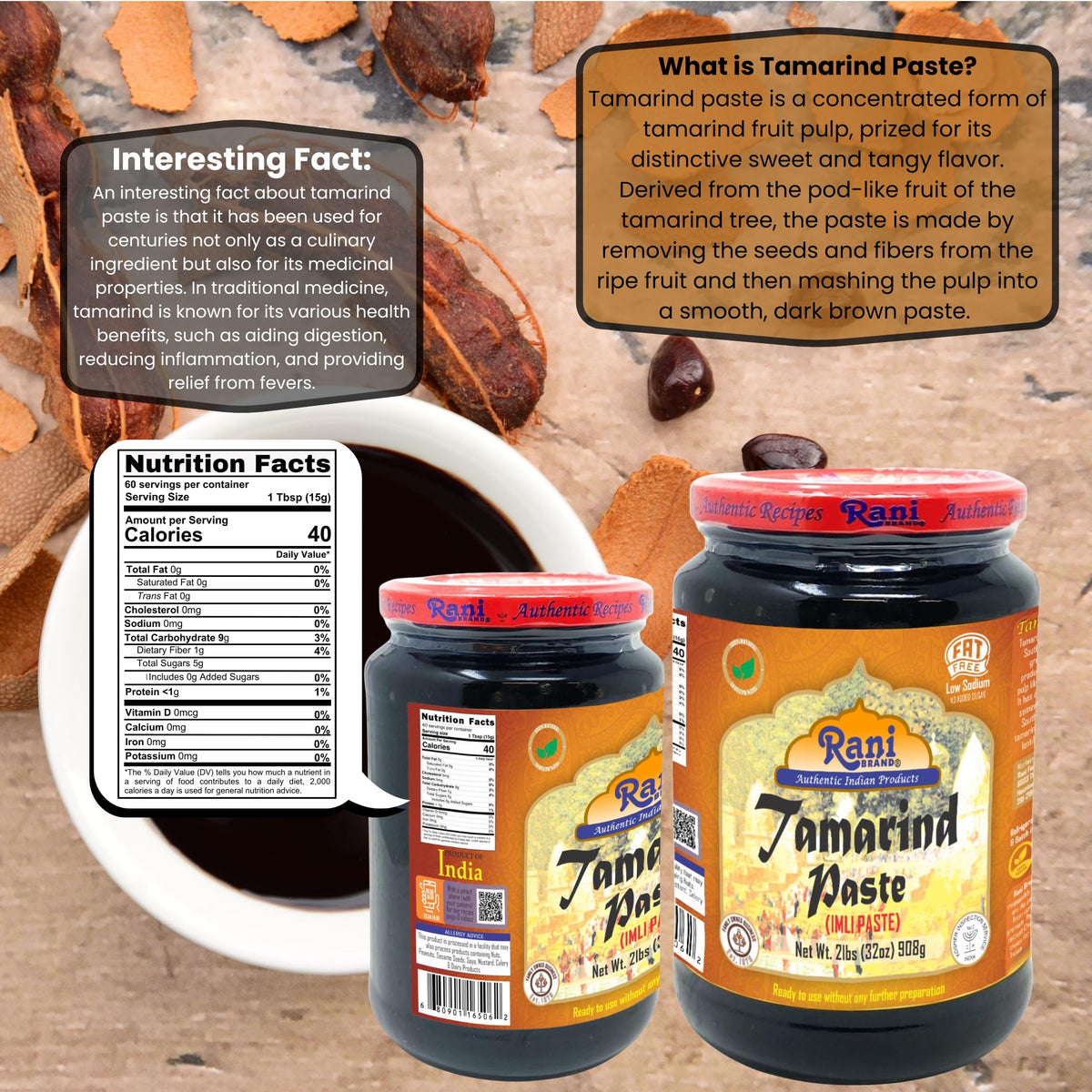 Rani Tamarind Paste Puree (Imli) 32oz Bulk Glass Jar – All Natural, Vegan, Gluten Free | Kosher | NON-GMO | Indian Origin