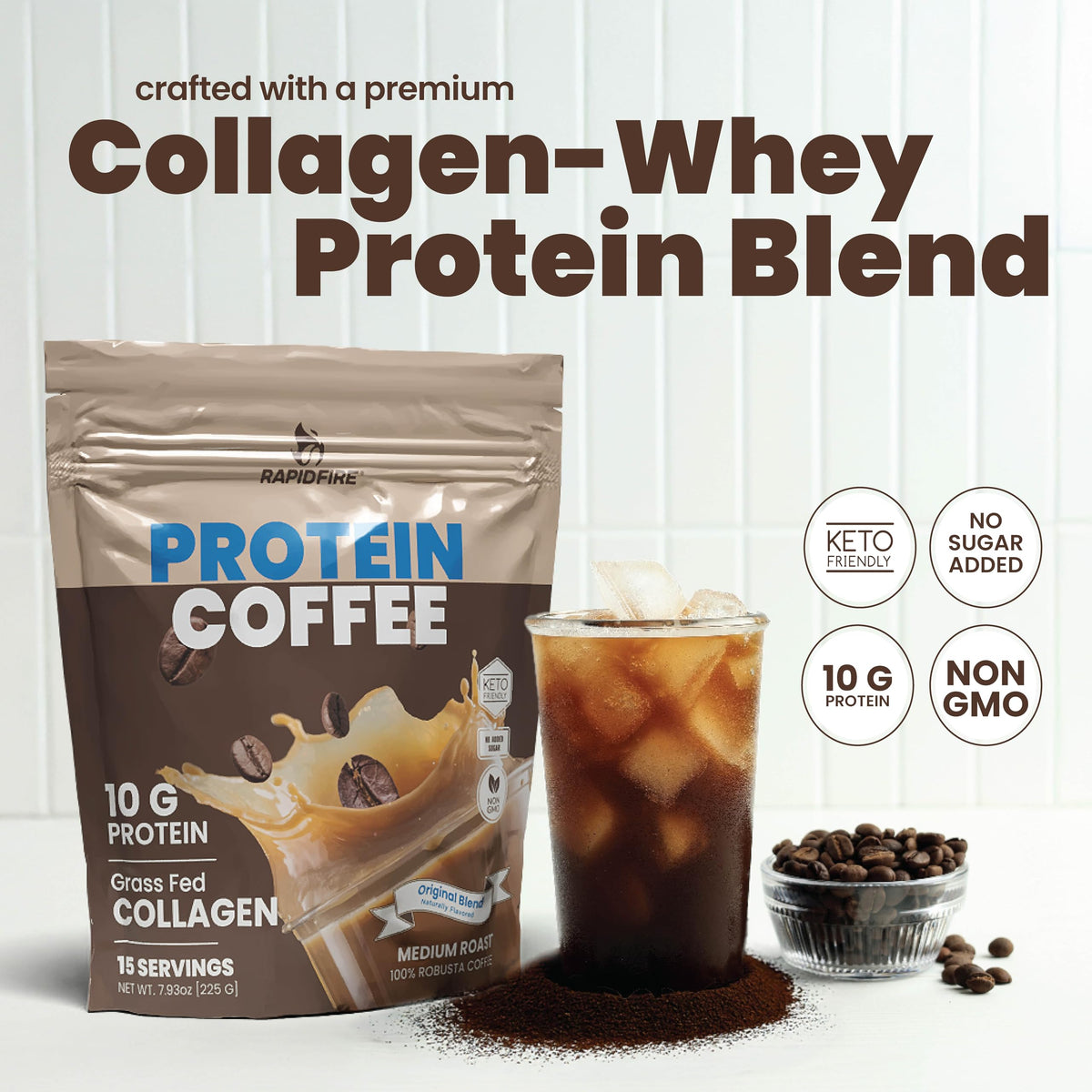 Rapid Fire Protein Coffee – 10g Protein with Collagen, Original Blend, 15 Servings