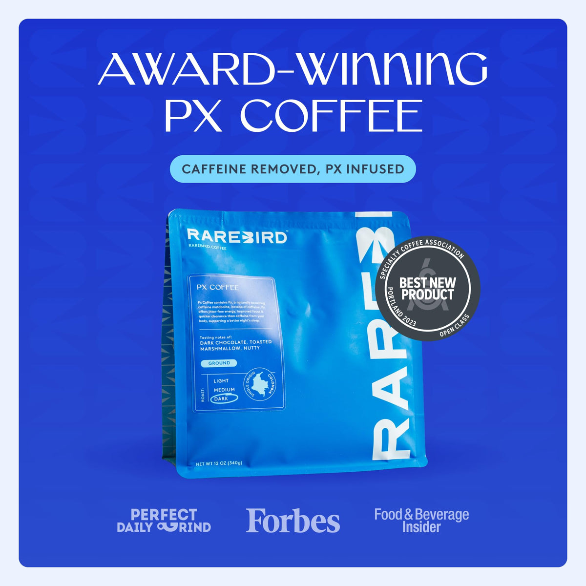 Rarebird Px Coffee – Award-Winning Paraxanthine Coffee for Clean Energy, Focus & Sleep Support | Low-Acid Arabica Decaf, Dark Roast, Ground, 12oz