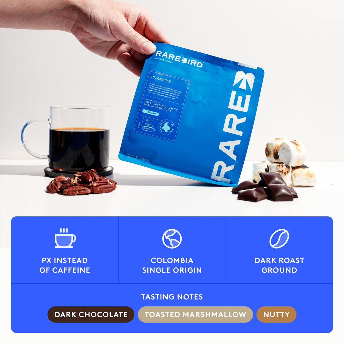 Rarebird Px Coffee – Award-Winning Paraxanthine Coffee for Clean Energy, Focus & Sleep Support | Low-Acid Arabica Decaf, Dark Roast, Ground, 12oz