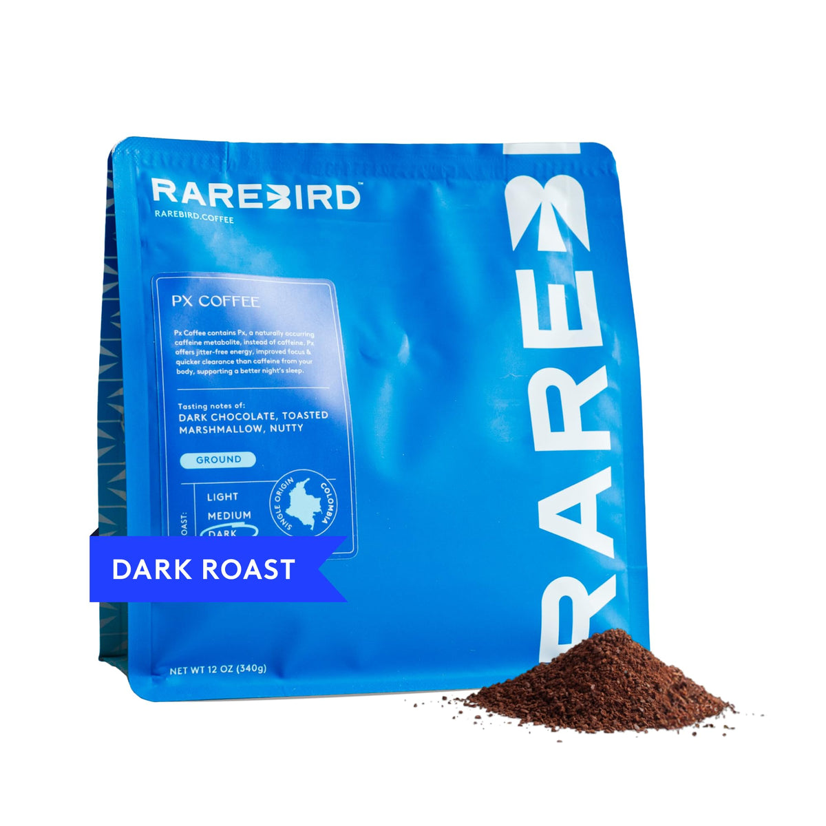 Rarebird Px Coffee – Award-Winning Paraxanthine Coffee for Clean Energy, Focus & Sleep Support | Low-Acid Arabica Decaf, Dark Roast, Ground, 12oz