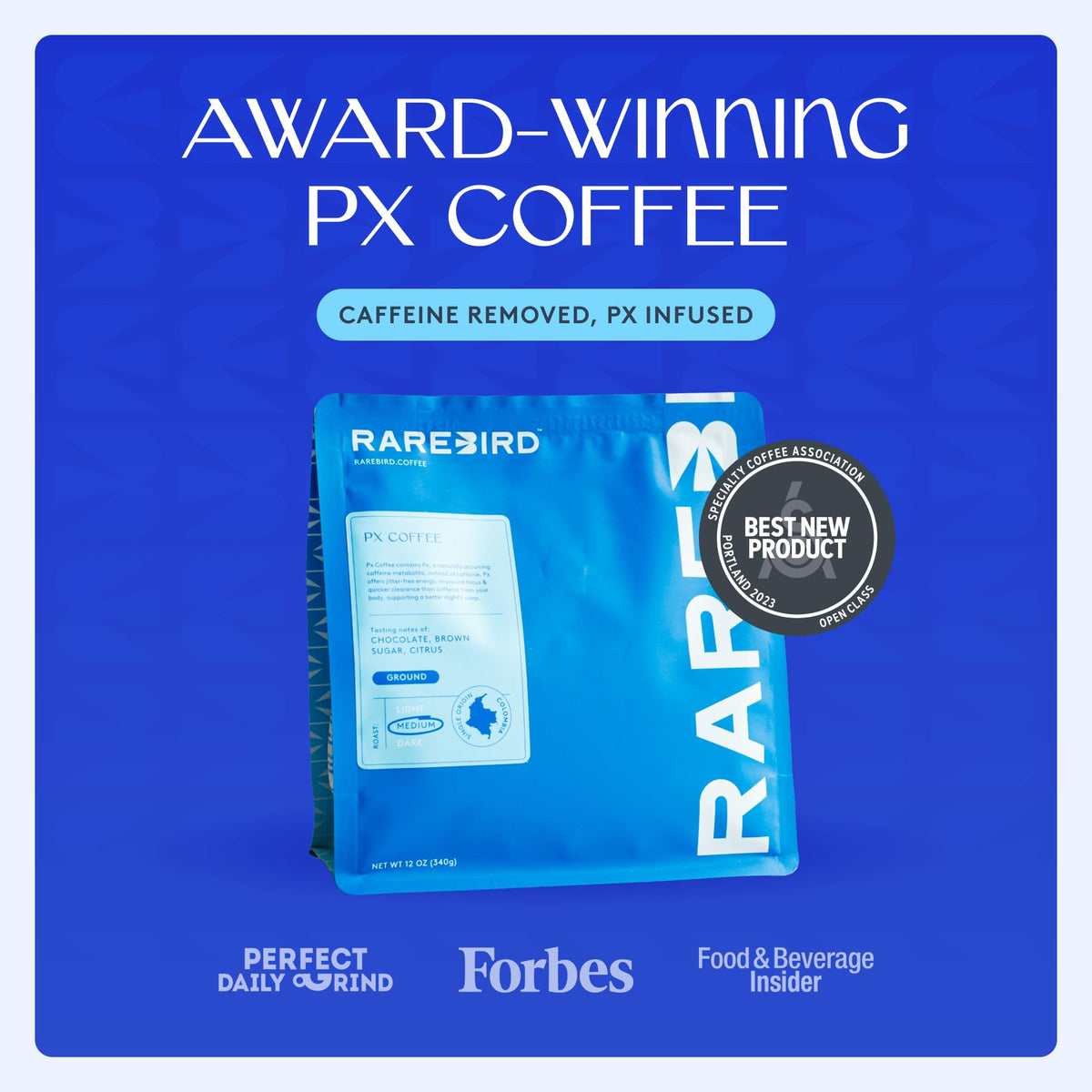 Rarebird Px Coffee – Paraxanthine Energy, Low-Acid Arabica, 12oz Ground