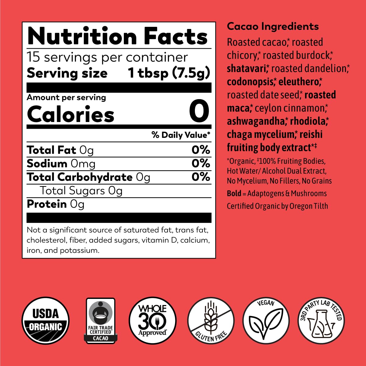 RASA Cacao – Adaptogenic Mushroom Coffee Alternative with Chaga & Reishi | Vegan, Keto, Whole30