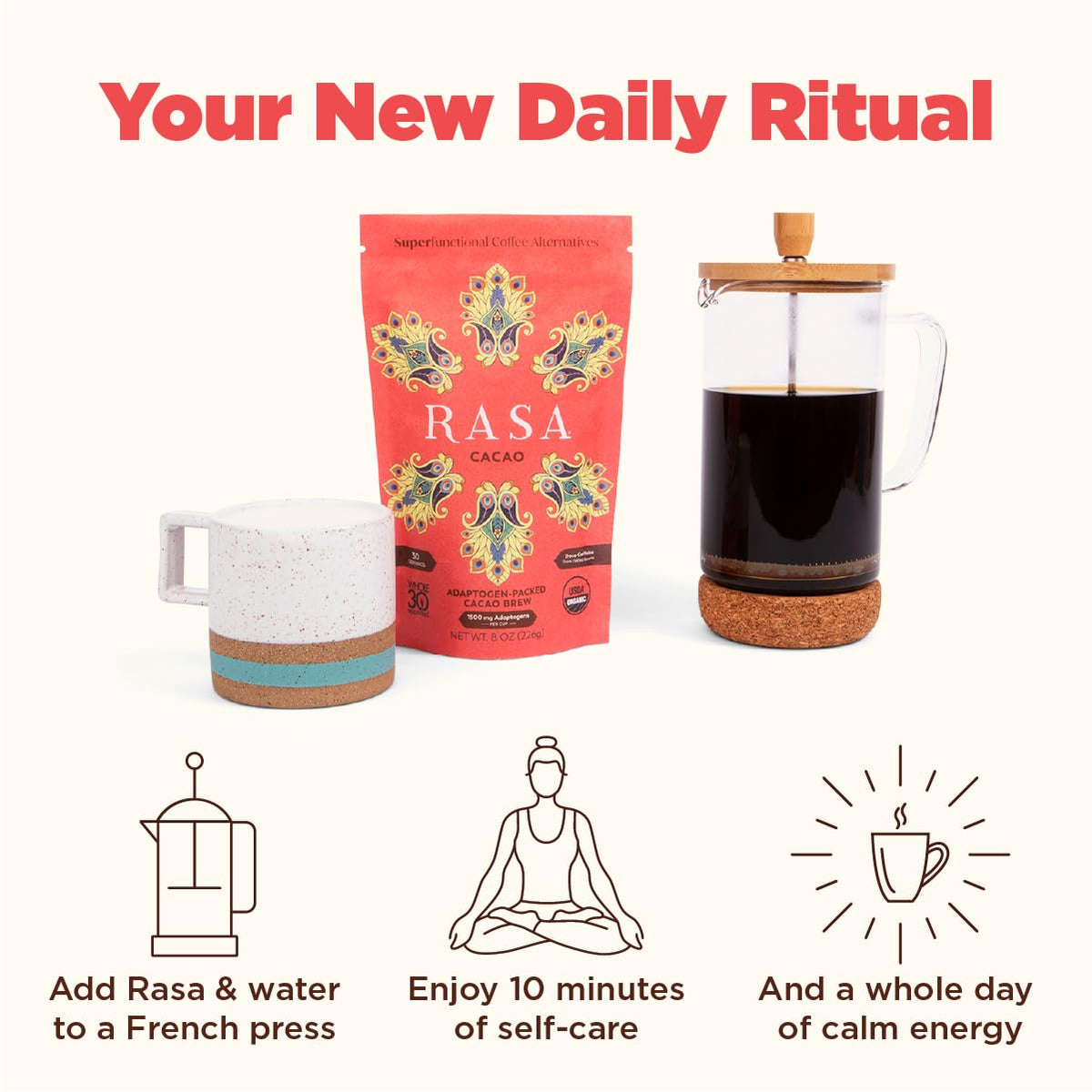 RASA Cacao – Adaptogenic Mushroom Coffee Alternative with Chaga & Reishi | Vegan, Keto, Whole30