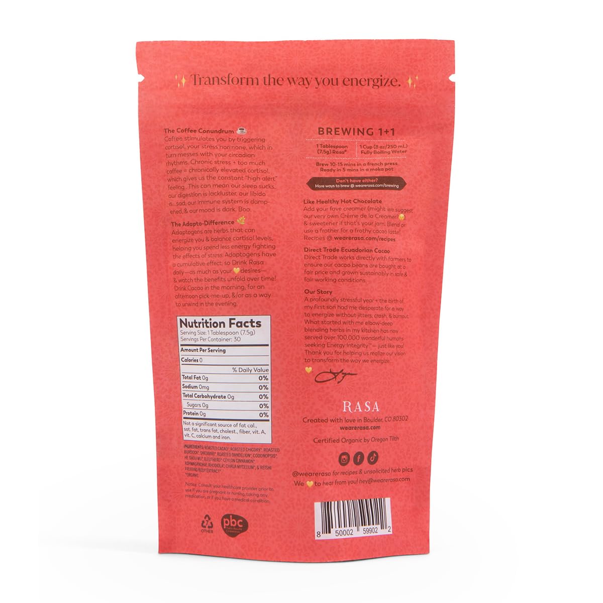 RASA Cacao – Adaptogenic Mushroom Coffee Alternative with Chaga & Reishi | Vegan, Keto, Whole30