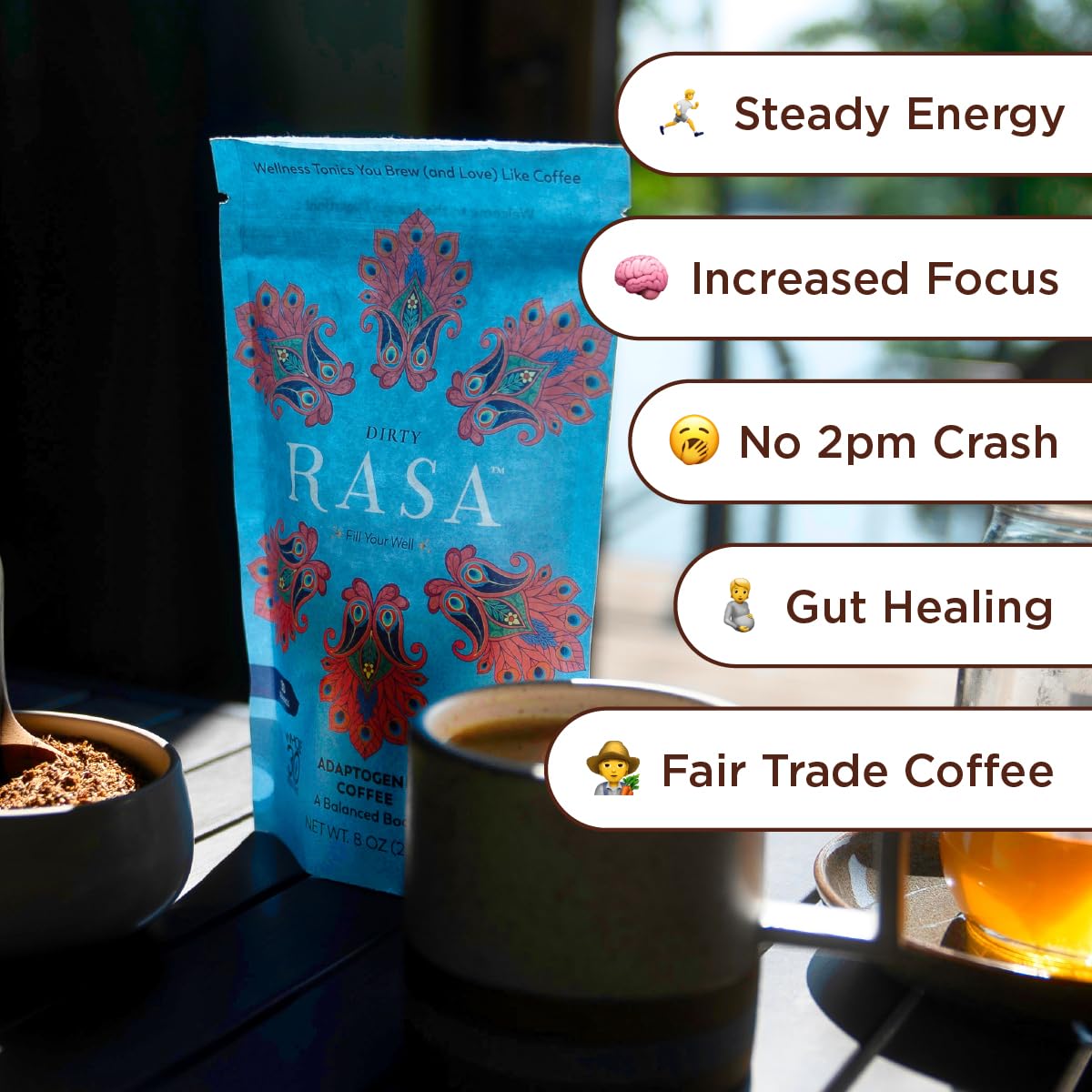 Rasa Dirty: Adaptogenic Mushroom Coffee with Chaga & Reishi | Fair-Trade, Vegan, Keto (8 oz / 30 Servings)