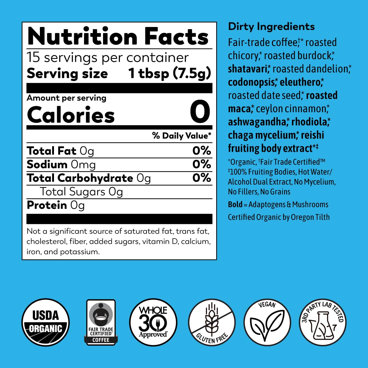 Rasa Dirty: Adaptogenic Mushroom Coffee with Chaga & Reishi | Fair-Trade, Vegan, Keto (8 oz / 30 Servings)