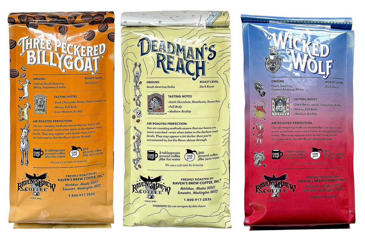 Raven's Brew Whole Bean Coffee Variety Pack – Wicked Wolf, Billy Goat, Deadman's Reach (12 oz each)