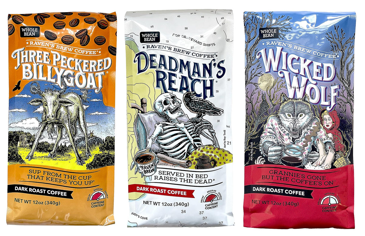 Raven's Brew Whole Bean Coffee Variety Pack – Wicked Wolf, Billy Goat, Deadman's Reach (12 oz each)