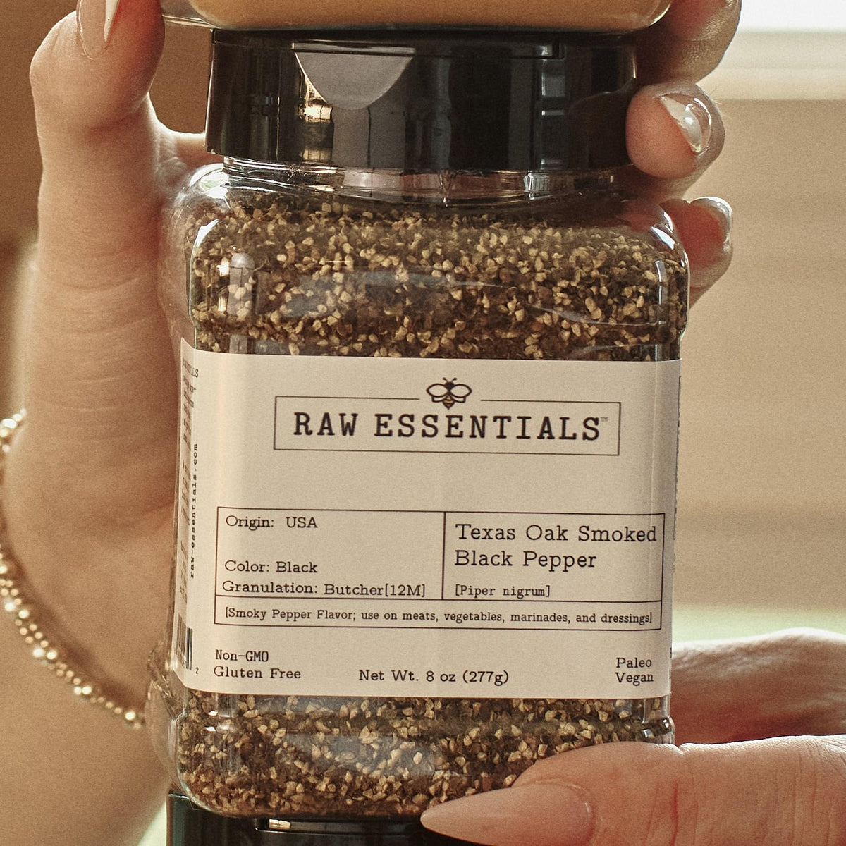 Raw Essentials Texas Oak Smoked Black Pepper | 12-Mesh Ground | Bold Smoky Flavor for Meats, Sauces & Marinades | Non-GMO, Gluten-Free, Paleo, Vegan | 8 oz