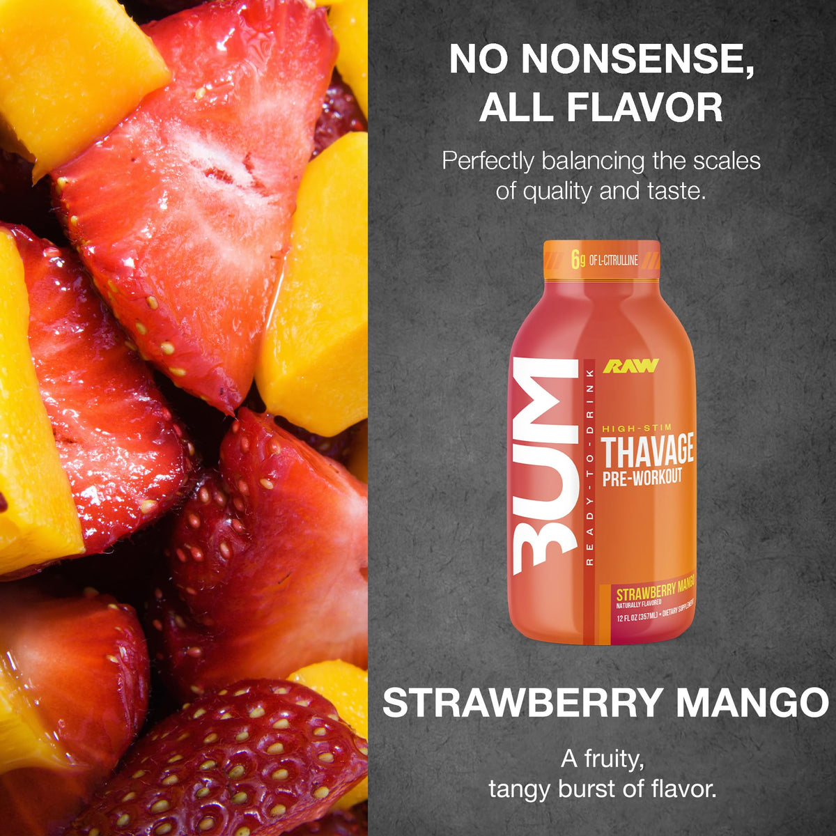 RAW Ready to Drink Pre-Workout – BUM Thavage RTD Shake, Zero Sugar, 12 Pack, Strawberry Mango