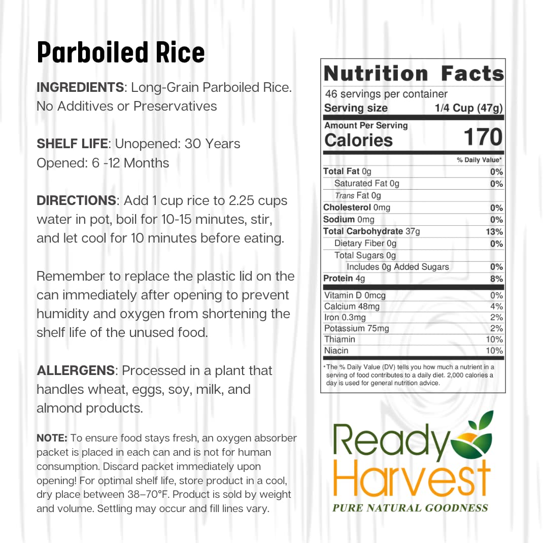 Ready Harvest Emergency Rice – Parboiled White Rice, 30-Year Shelf Life, #10 Can, 4 lbs