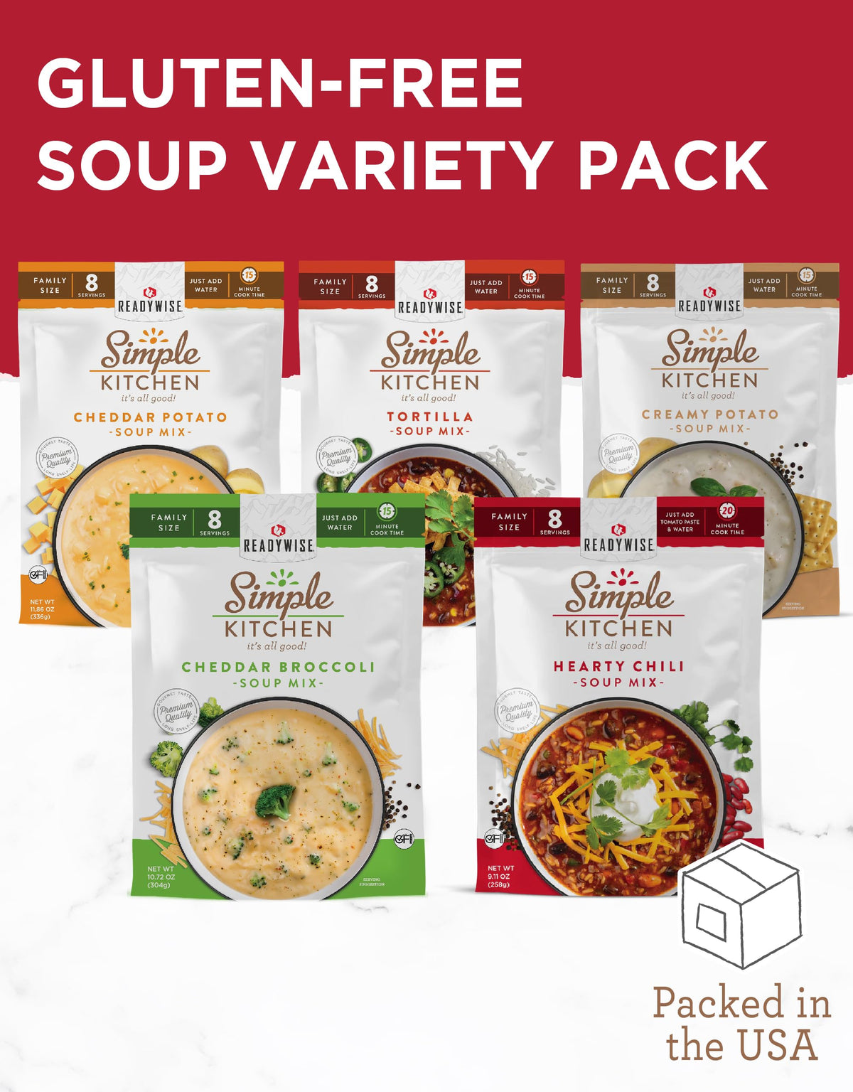 READYWISE Simple Kitchen Soup Sampler Variety Pack – 8 Servings per Pouch, Gluten Free, Pack of 5