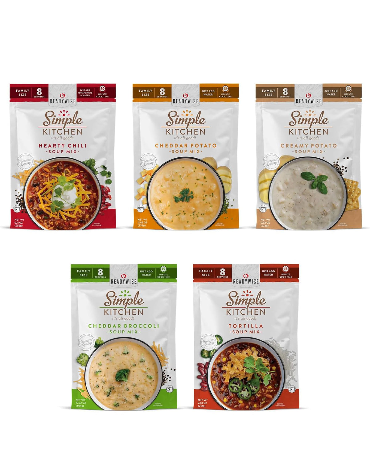 READYWISE Simple Kitchen Soup Sampler Variety Pack – 8 Servings per Pouch, Gluten Free, Pack of 5