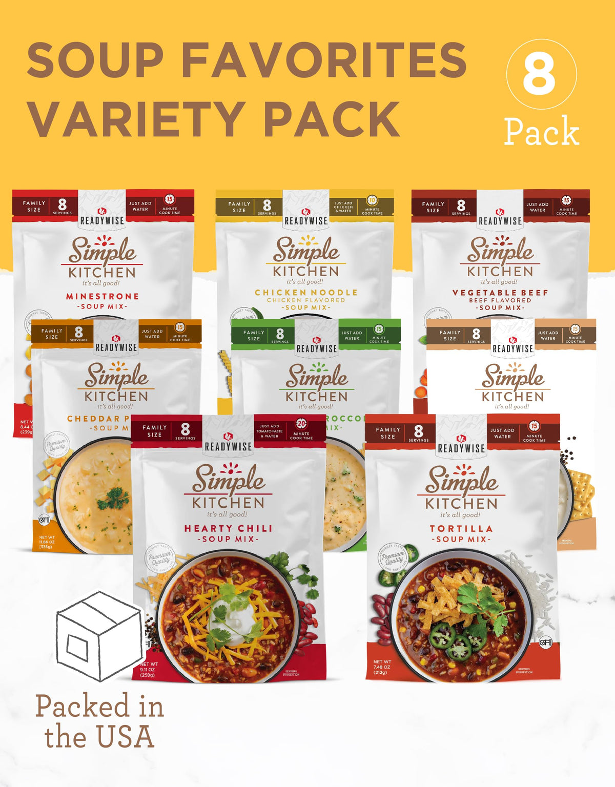 ReadyWise Simple Kitchen Soup Sampler Variety Pack | 64 Servings, Gluten-Free Options, Freeze-Dried Soup Mix
