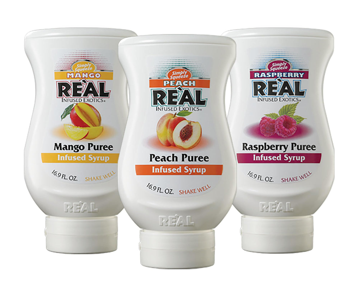 Reàl Infused Exotics Tea Flavoring Syrup – Mango, Peach & Raspberry (Pack of 3, 16.9 oz Bottles)