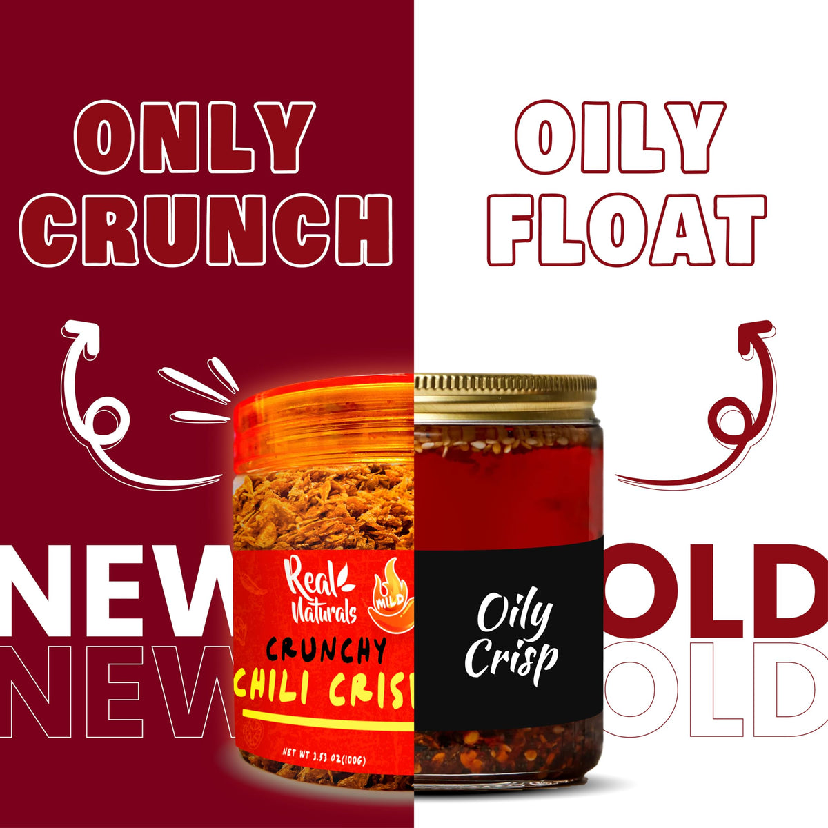 Real Naturals Chili Crisp No-Floating Oil – Medium Hot (3 Bottles) Crunchy Garlic & Onion