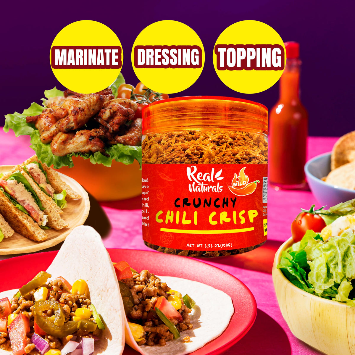Real Naturals Chili Crisp No-Floating Oil – Medium Hot (3 Bottles) Crunchy Garlic & Onion