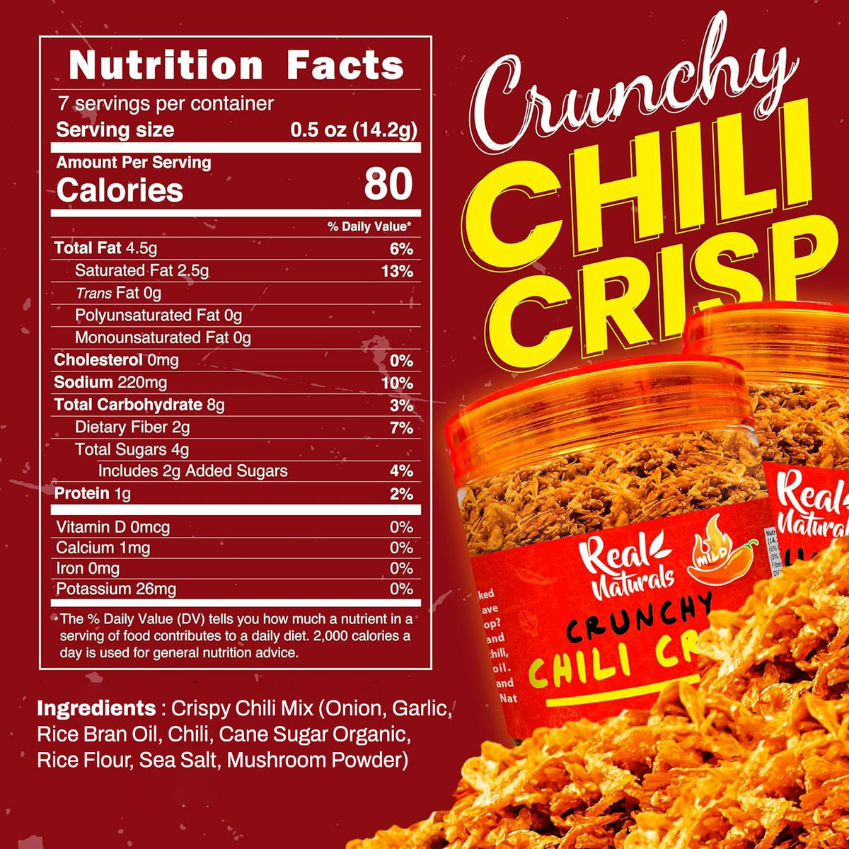 Real Naturals Chili Crisp No-Floating Oil – Medium Hot (3 Bottles) Crunchy Garlic & Onion