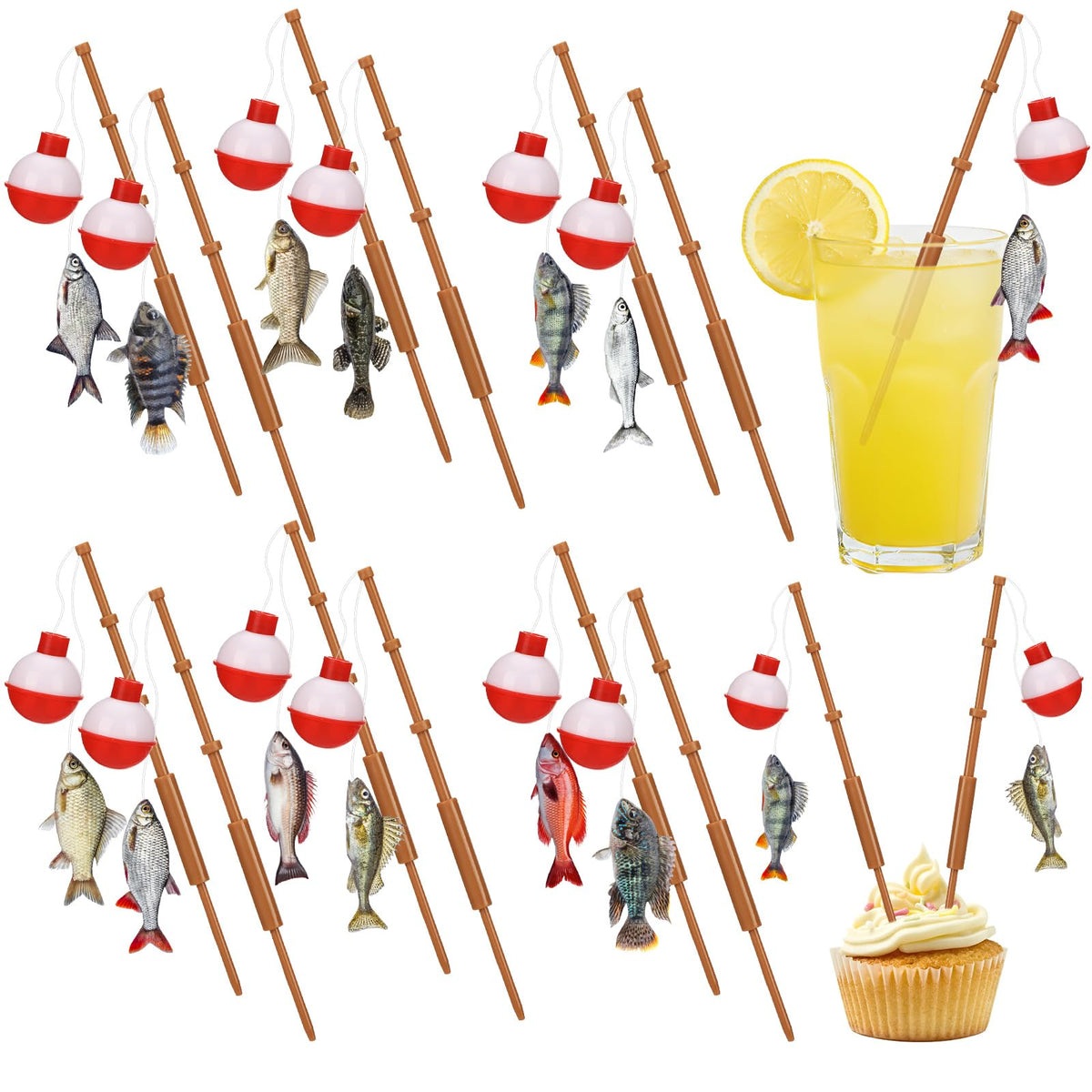 Reallnaive 24 Pcs Fishing Float Cupcake Toppers – 3D Fish Bobber Picks
