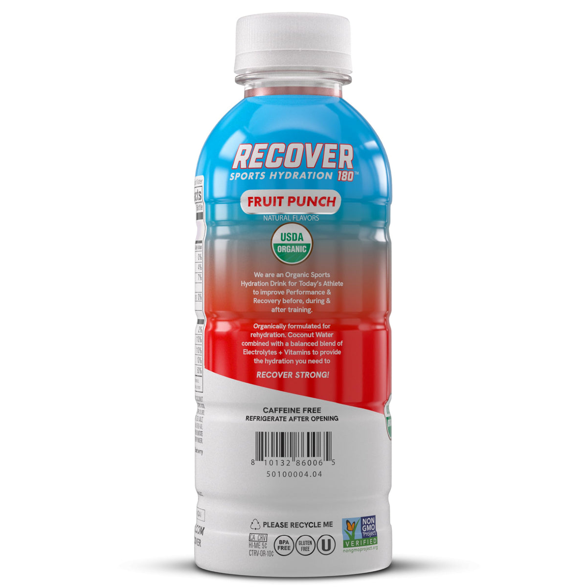RECOVER 180 Organic Sports Hydration Drink – No Sugar Added, 20 Calories, Potassium Electrolytes, Fruit Punch (Pack of 12)