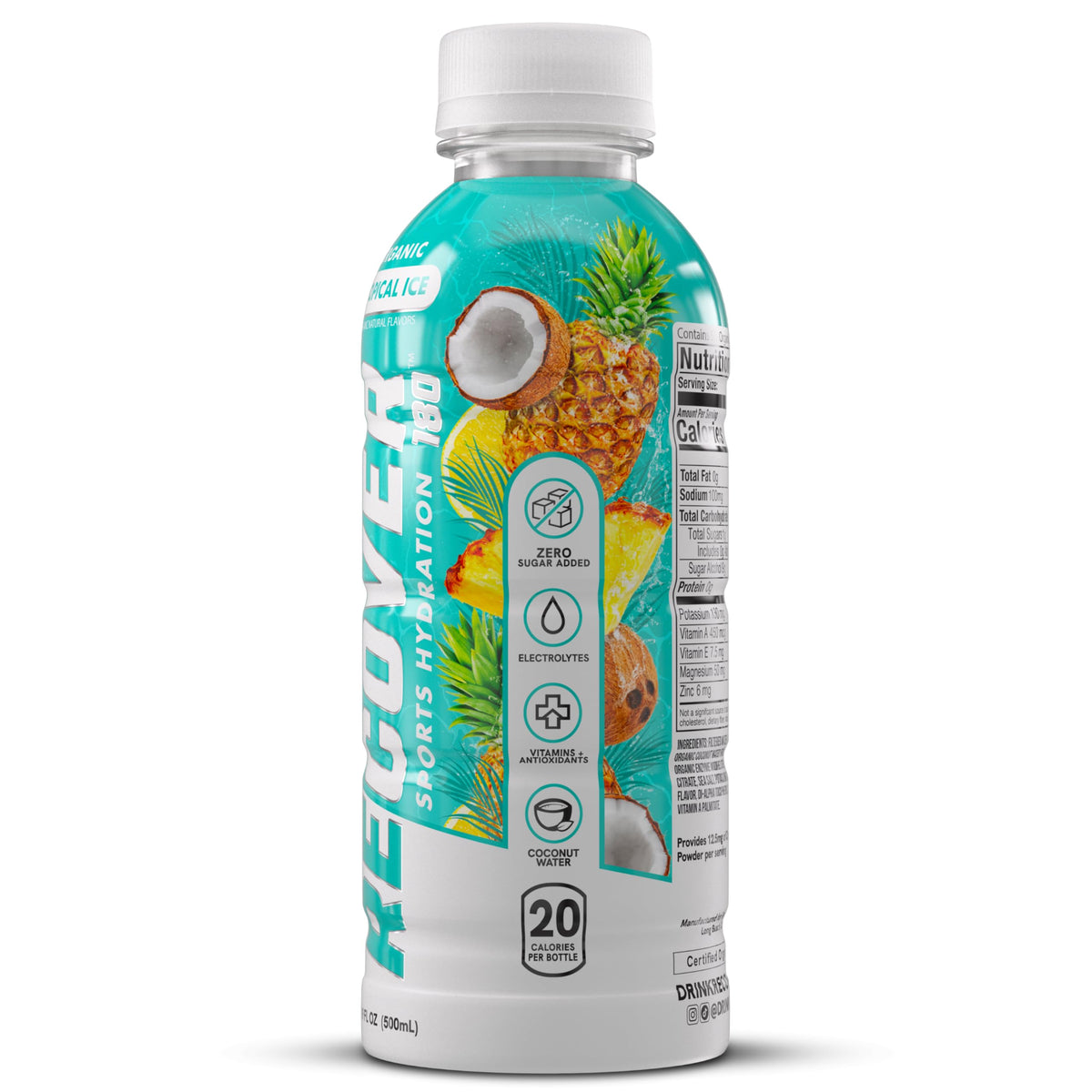 RECOVER 180 Organic Sports Hydration Drink - No Sugar Added, 20 Cal, Potassium Electrolytes, Tropical Ice (Pack of 12)