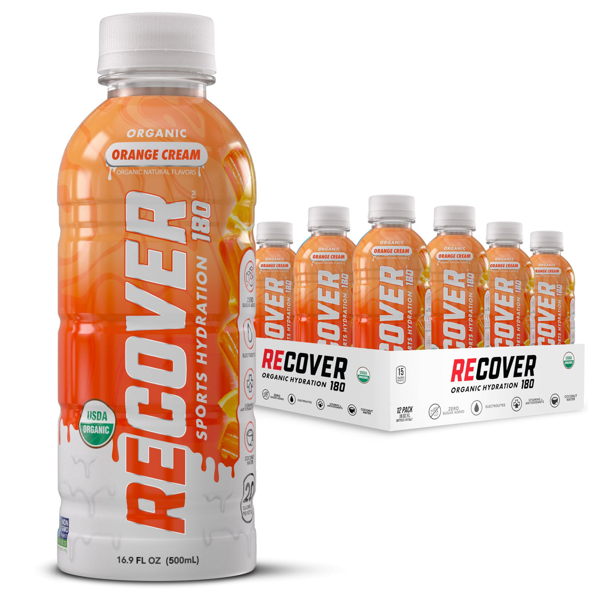 RECOVER 180 Organic Sports Hydration Drink – No Sugar Added, 20 Calories, Potassium-Packed Electrolytes, Orange Cream, 16.9 oz Pack of 12